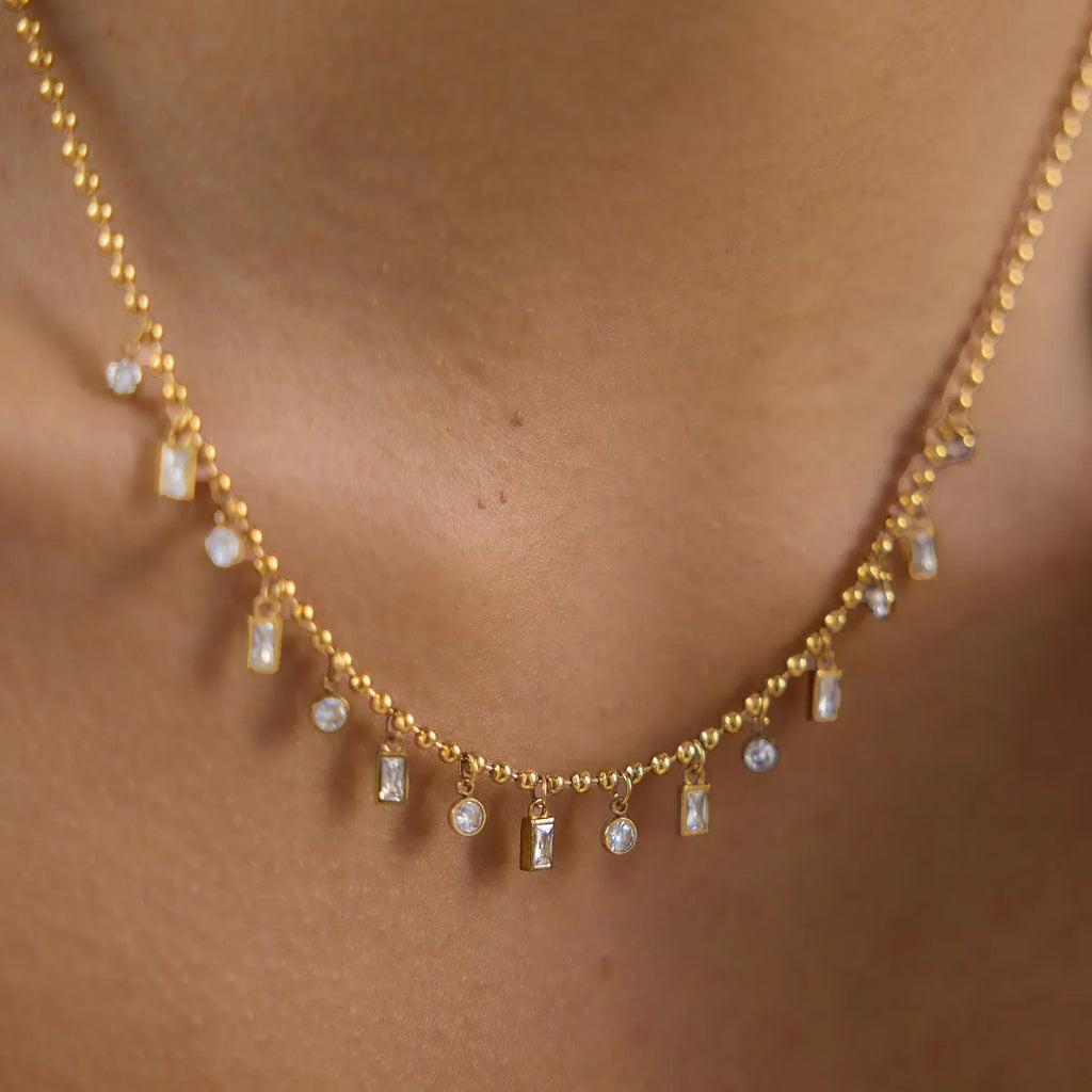 Waterproof CZ Station Necklace