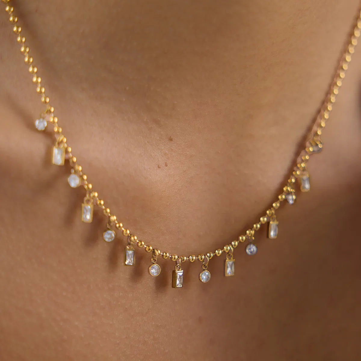 Waterproof CZ Station Necklace