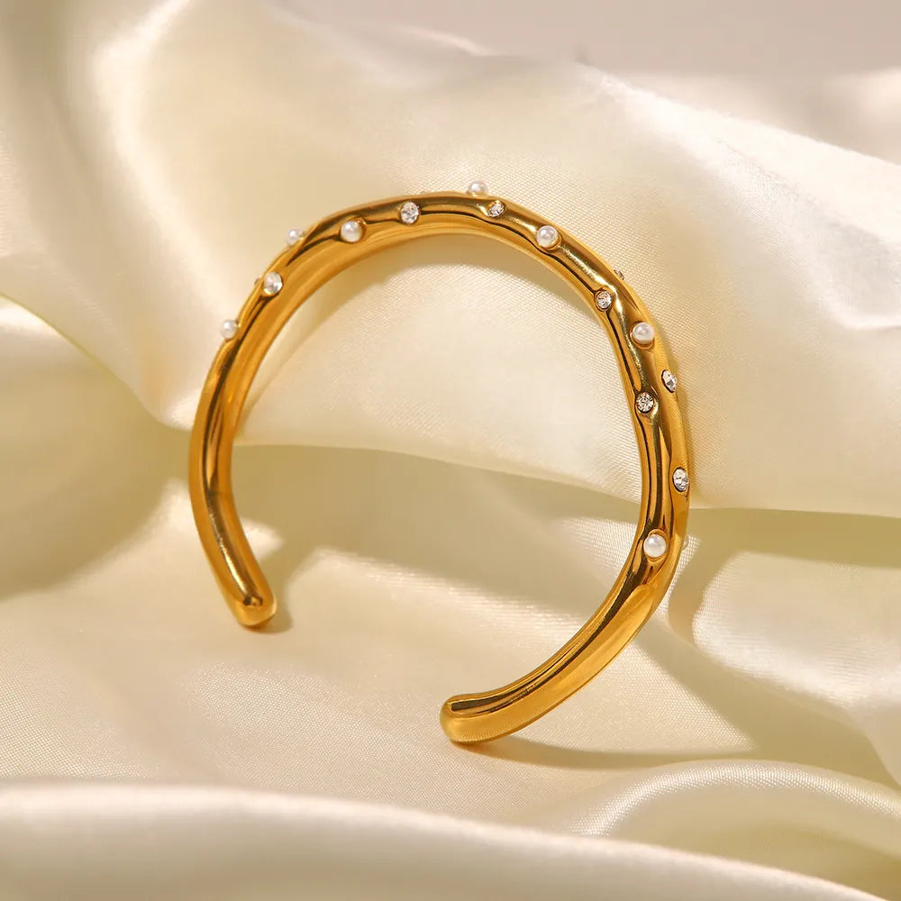 Zirconia & Pearl Wave Cuff Bracelet – Waterproof 18K Gold