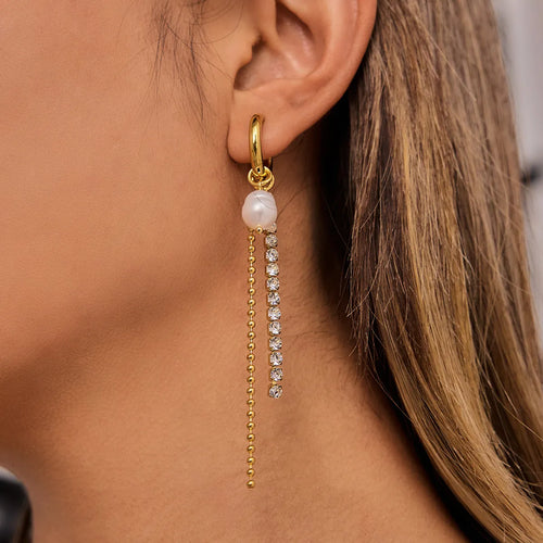 Asymmetric Pearl Sunburst Drop Earrings – Waterproof Steel