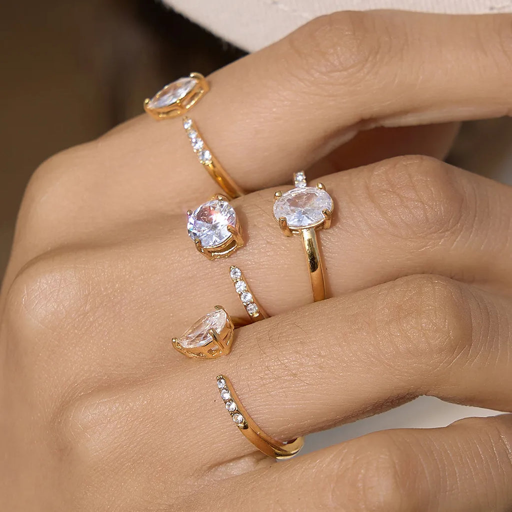 Waterproof Stainless Steel Bypass CZ Ring | Gold Asymmetrical Solitaire Open Band