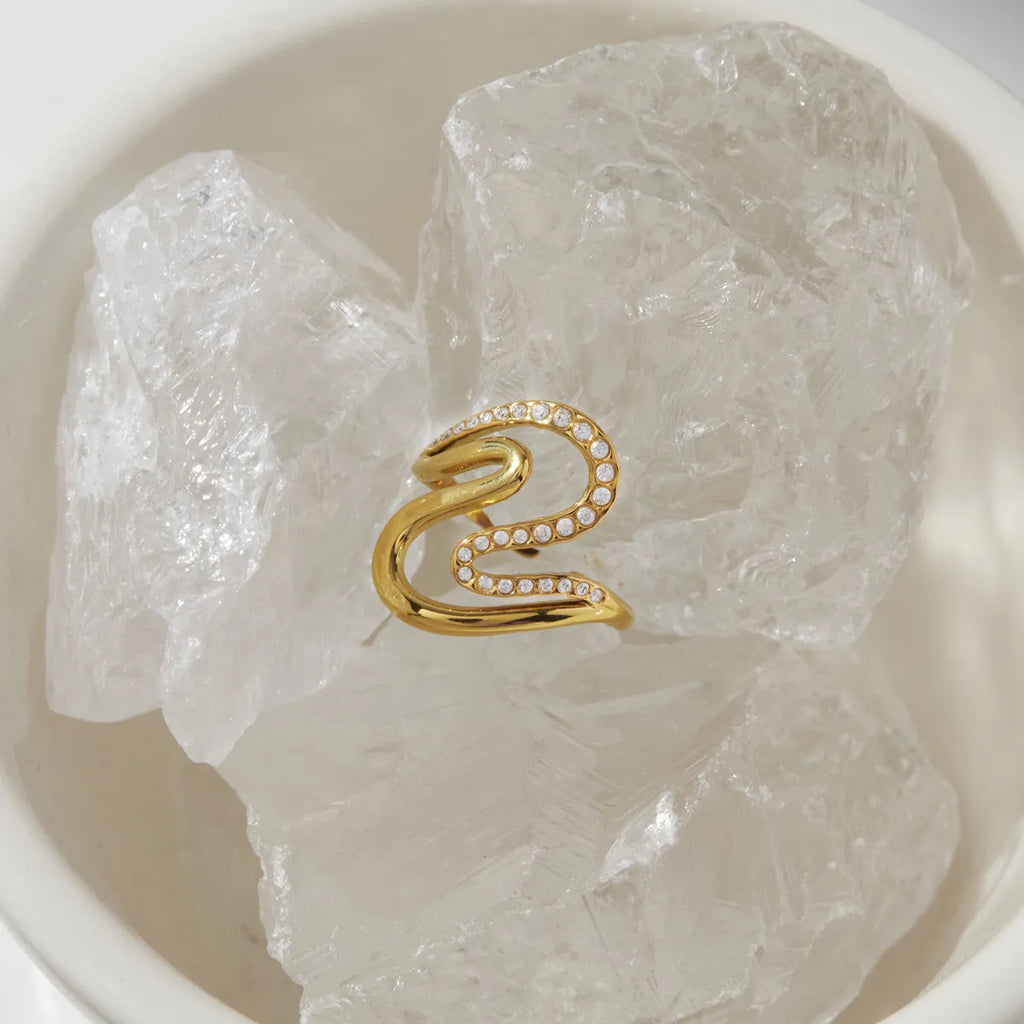 Waterproof Sculptural Grid & Wavy CZ Open Ring