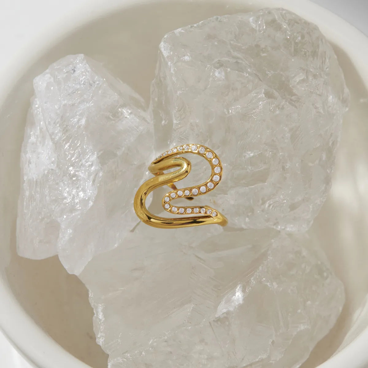 Waterproof Sculptural Grid & Wavy CZ Open Ring