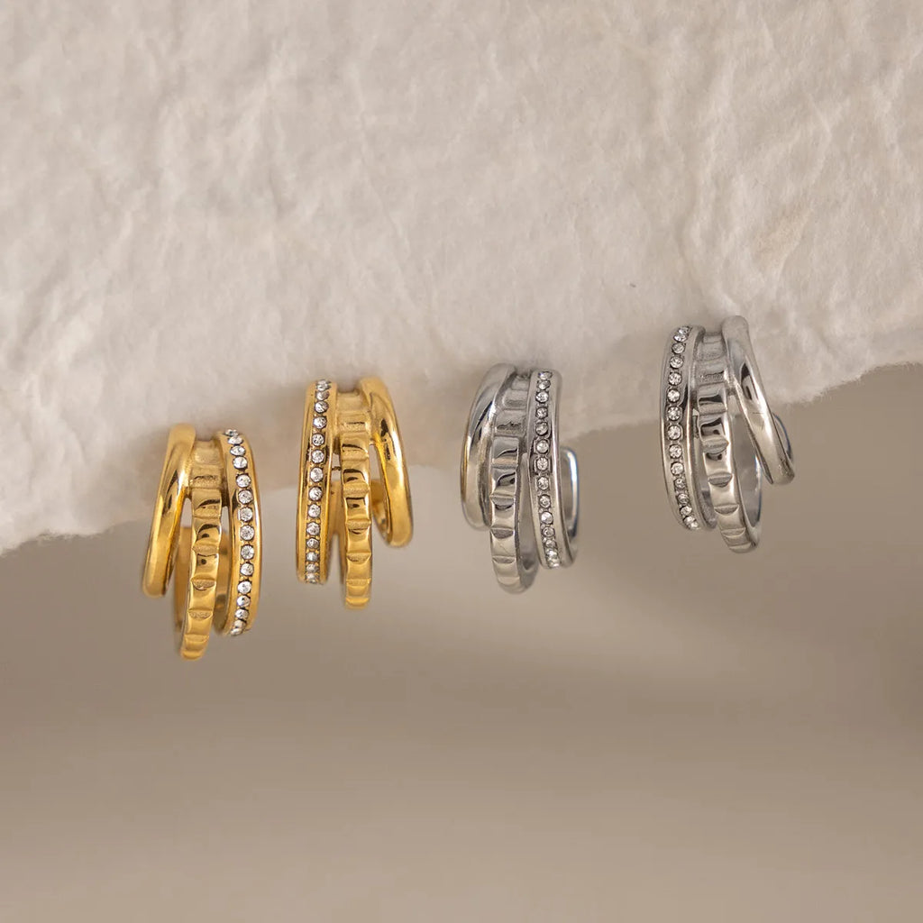 Textured Triple Band J-Hoop Earrings – Waterproof Steel