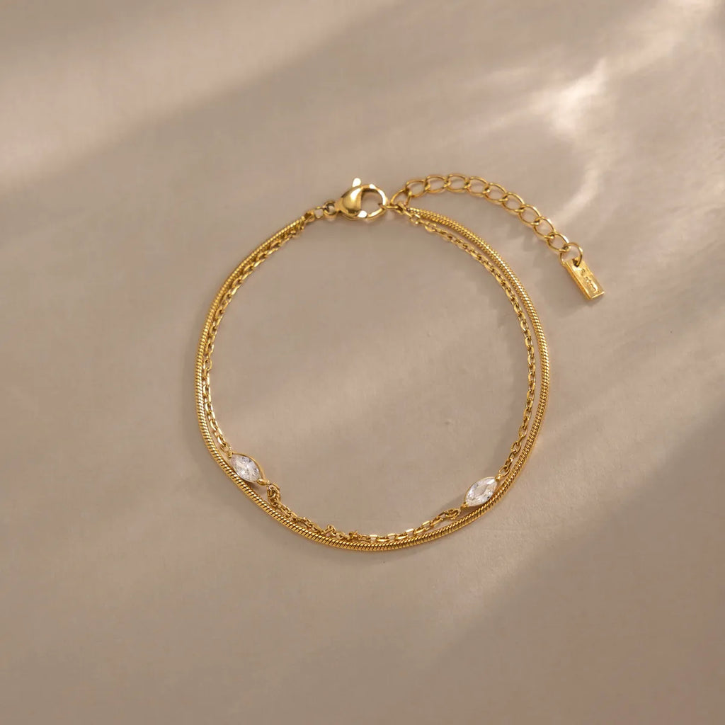 Layered Snake Chain & Marquise Zirconia Bracelet – Waterproof 18K Gold