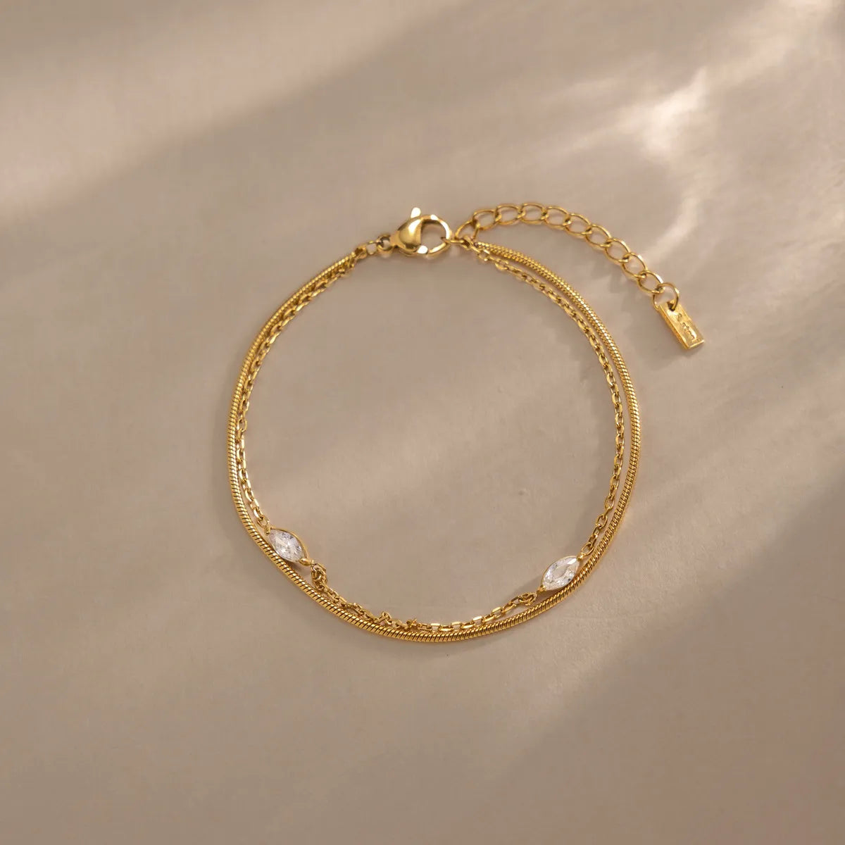 Layered Snake Chain & Marquise Zirconia Bracelet – Waterproof 18K Gold