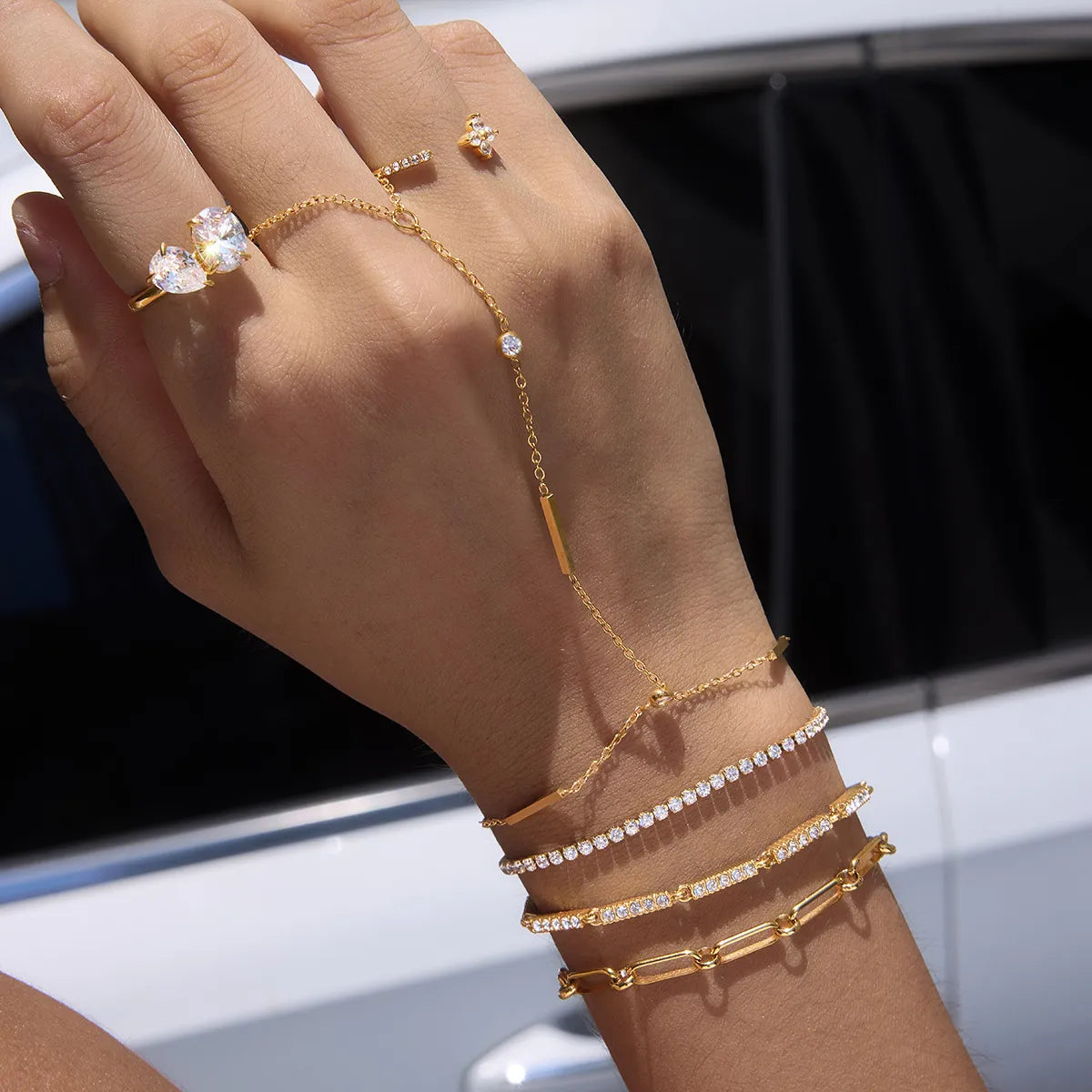 Bar & CZ Geometric Hand Chain Bracelet with Ring – Waterproof 18K Gold