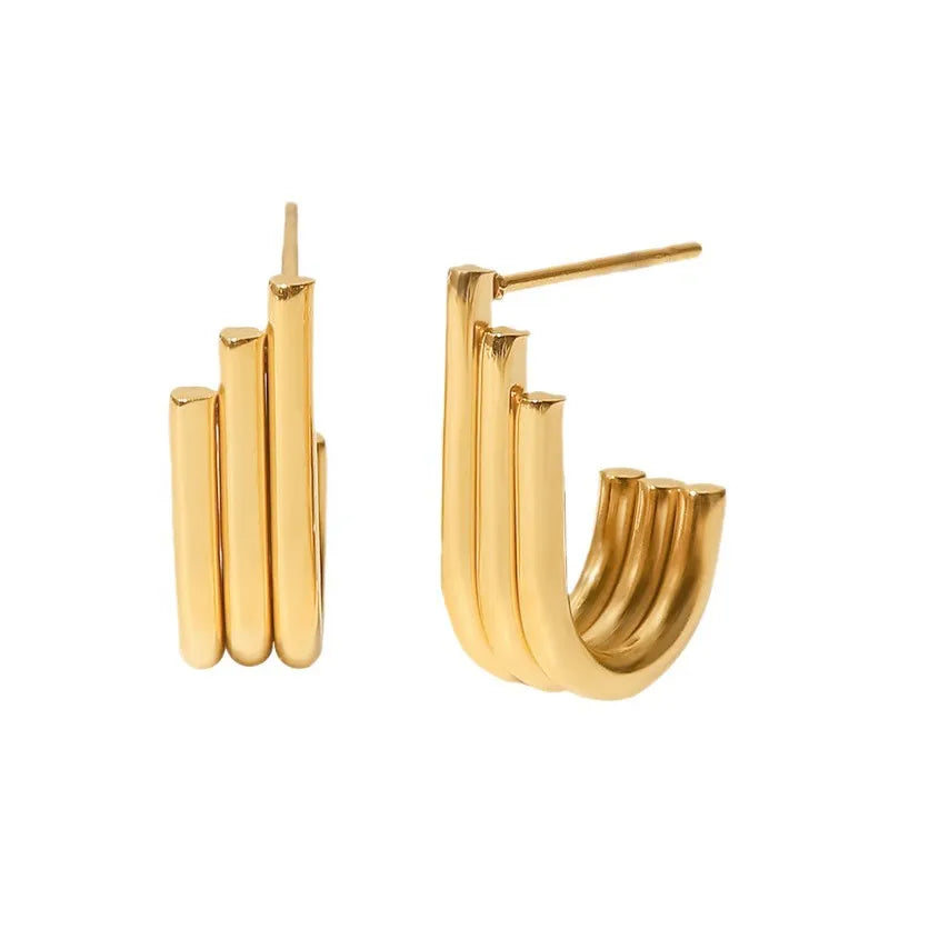 Triple Band J-Hoop Earrings – Waterproof Stainless Steel