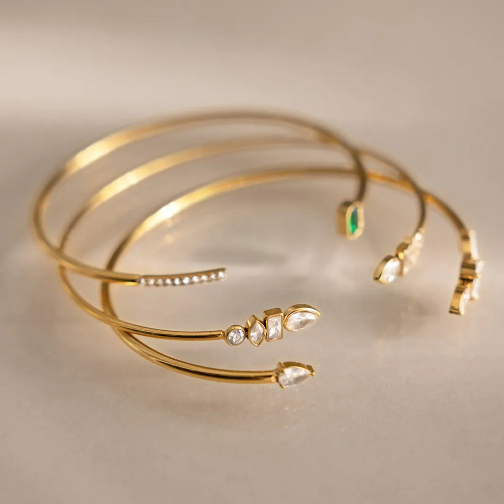 Zirconia Open Cuff Bracelet Collection – Waterproof 18K Gold