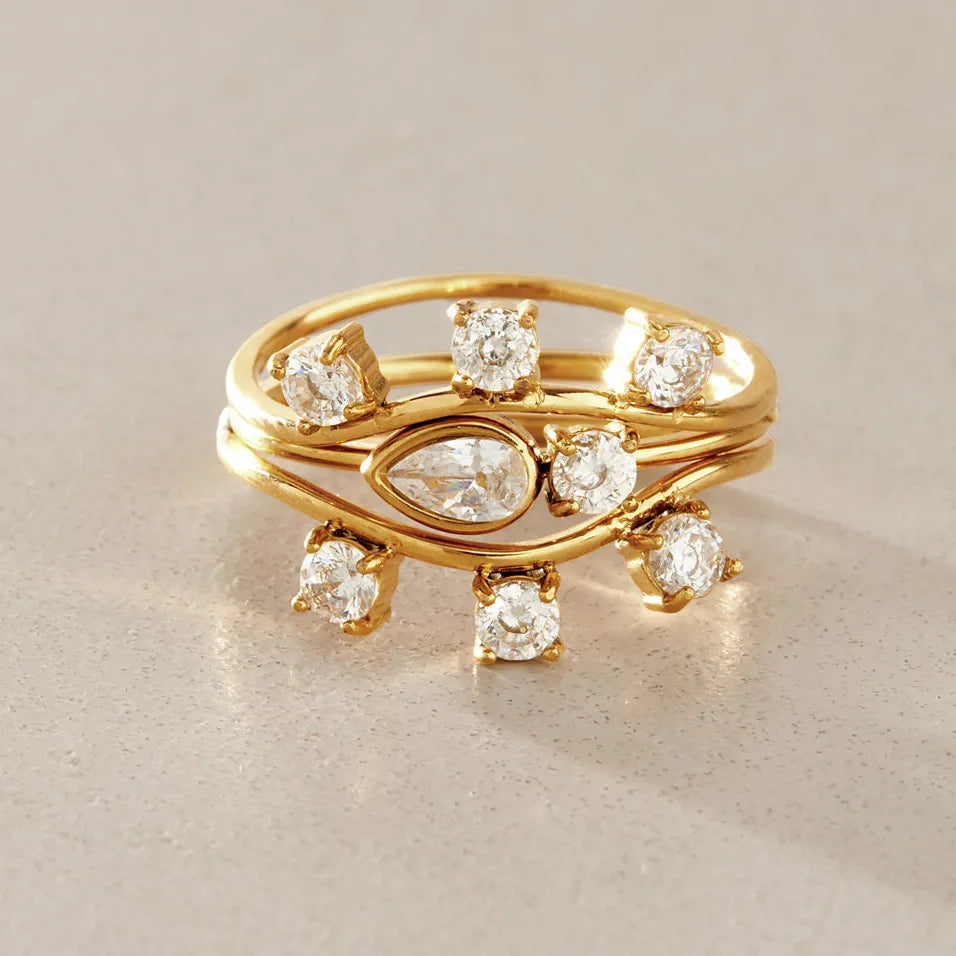 CZ Crown, Pear & Wave Stackable Ring Set – Waterproof 18K Gold