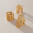 Waterproof Stainless Steel Sculptural Statement Rings | Gold CZ Lattice & Spiral Coil Bands