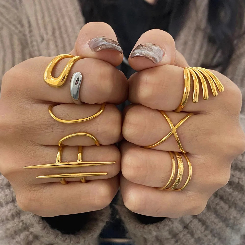 Waterproof Sculptural Geometric Cuff Open Rings