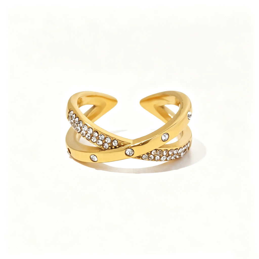 Pavé CZ Sculptural Open Ring Collection – Waterproof 18K Gold