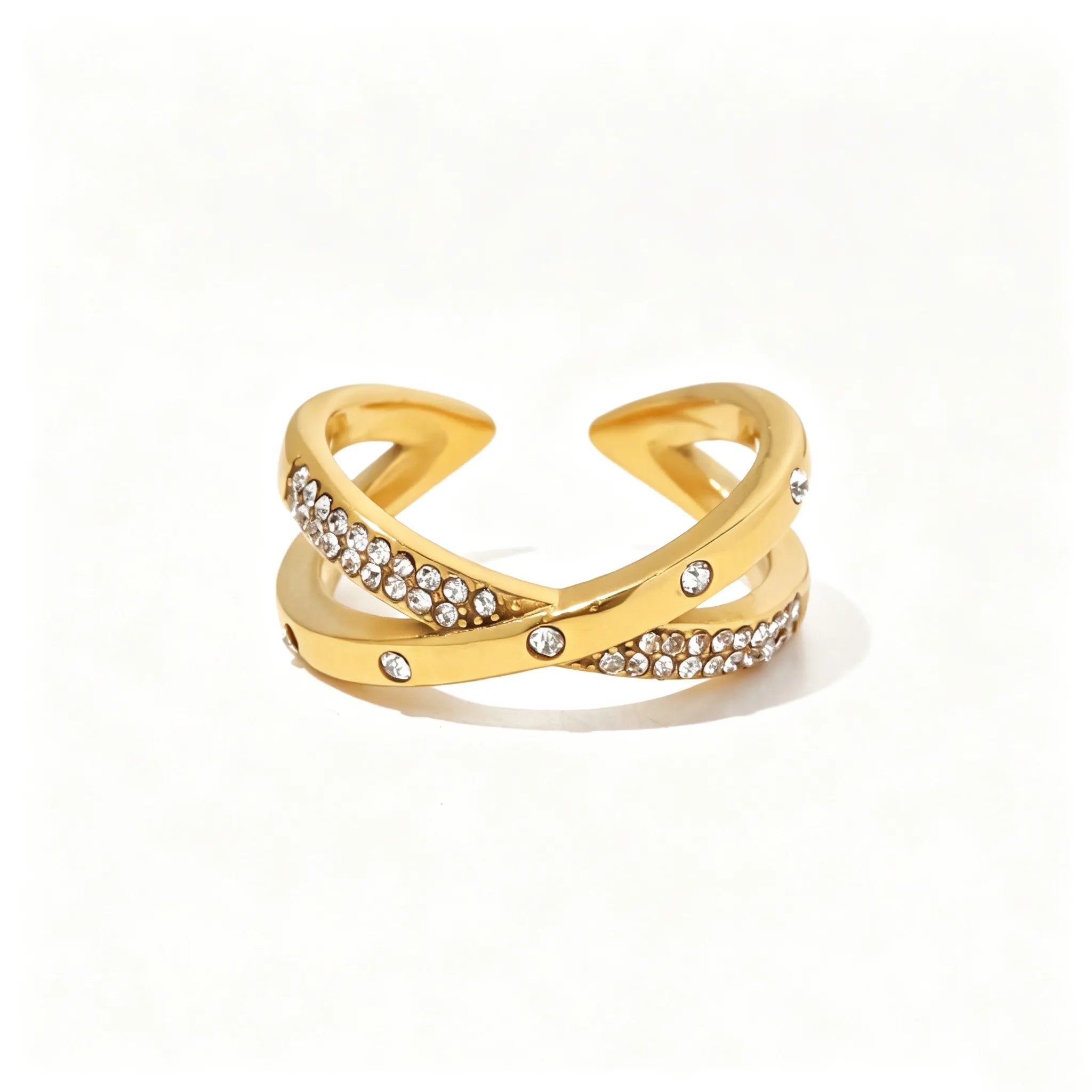 Pavé CZ Sculptural Open Ring Collection – Waterproof 18K Gold