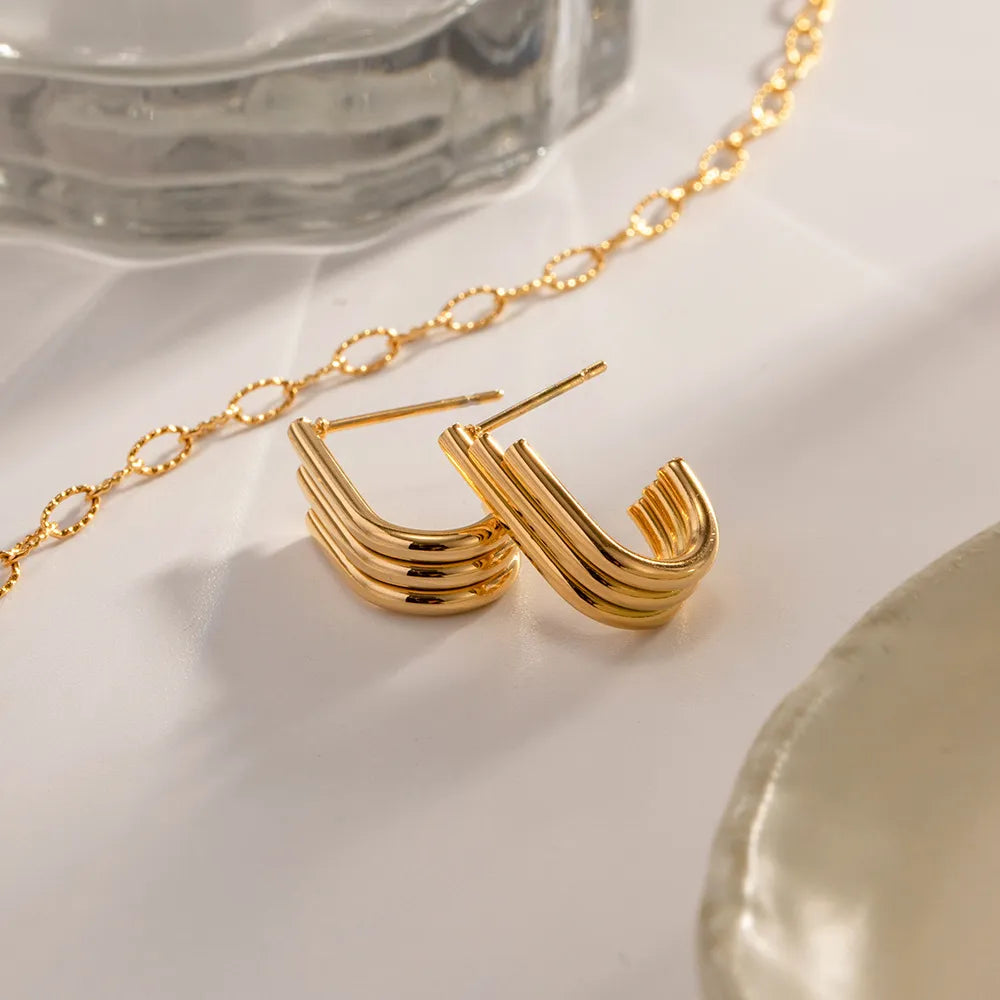 Triple Band J-Hoop Earrings – Waterproof Stainless Steel