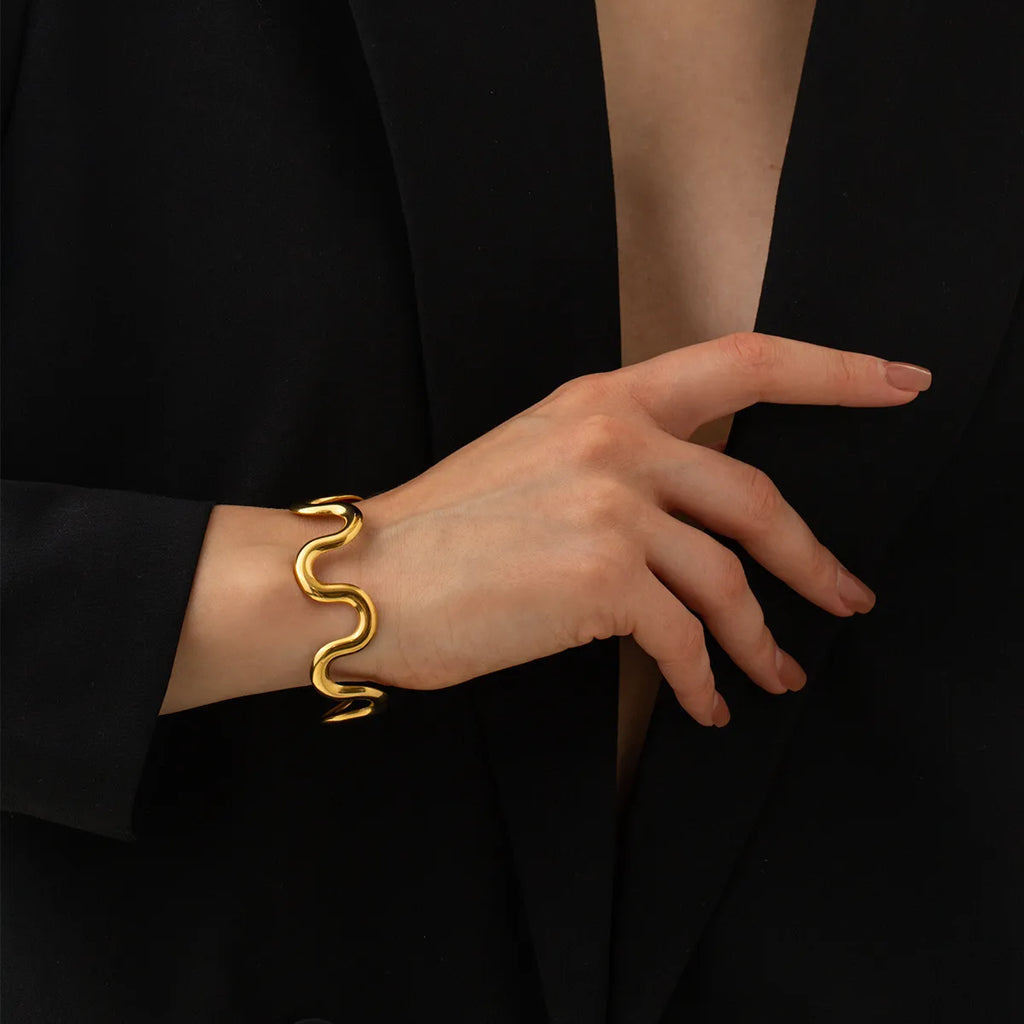 Waterproof Wavy Cuff Open Bangle Bracelet