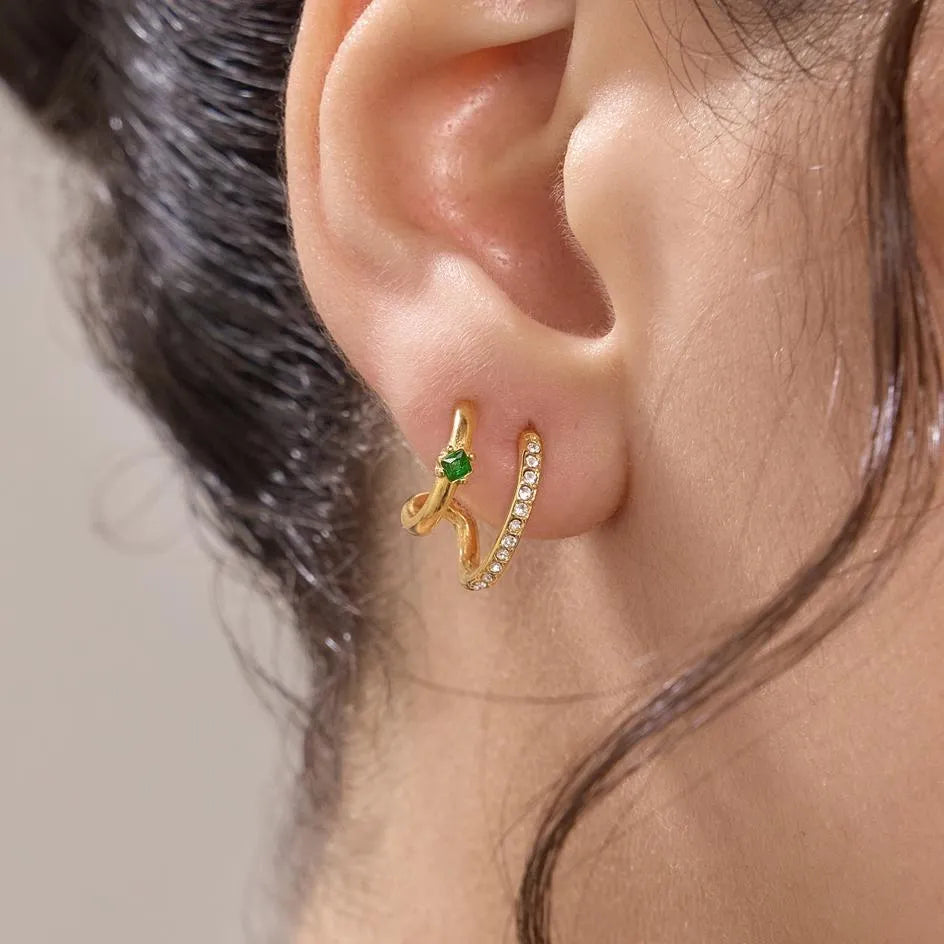 Waterproof CZ Wrap Earrings Asymmetric Hoop Studs