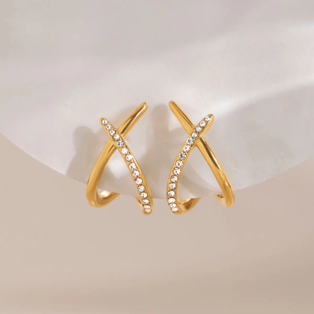X-Shape Pavé CZ Ear Cuff – Waterproof 18K Gold