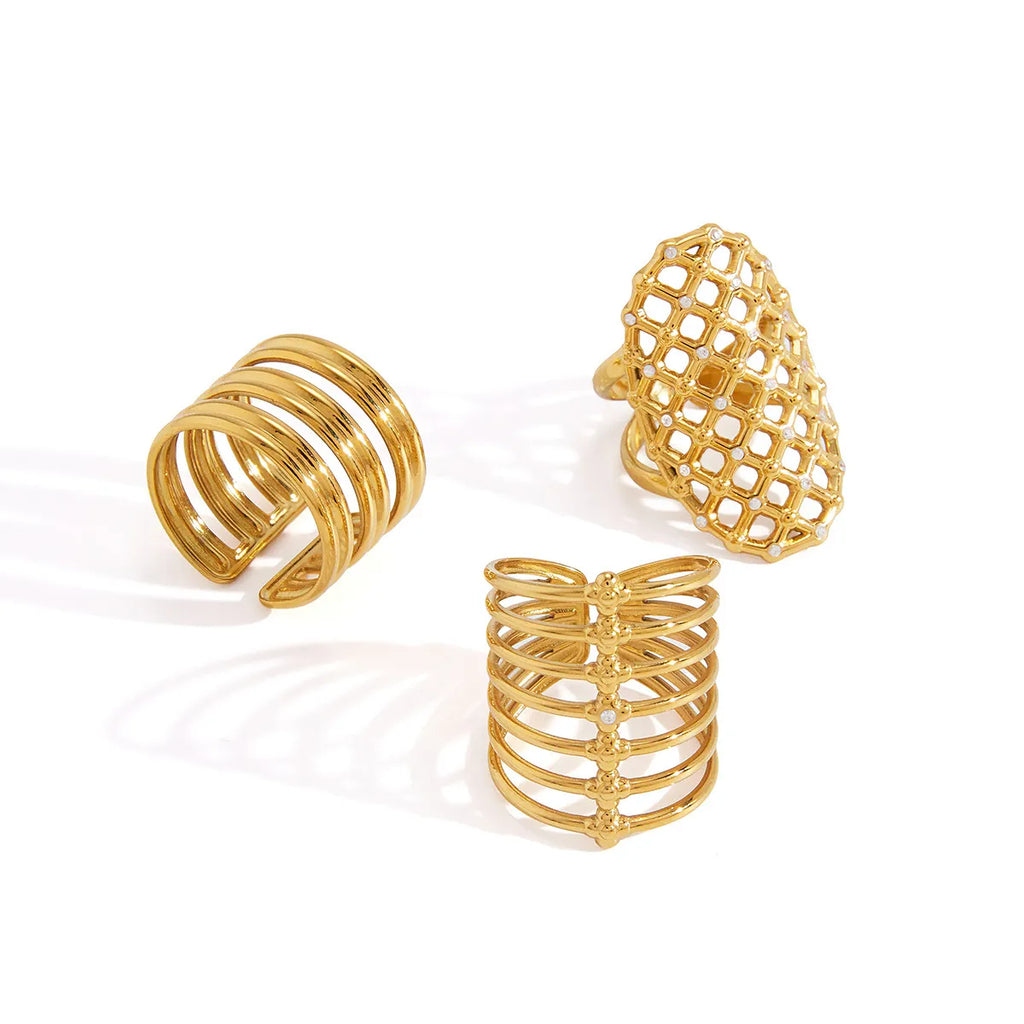 Waterproof Stainless Steel Sculptural Statement Rings | Gold CZ Lattice & Spiral Coil Bands