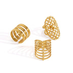 Waterproof Stainless Steel Sculptural Statement Rings | Gold CZ Lattice & Spiral Coil Bands