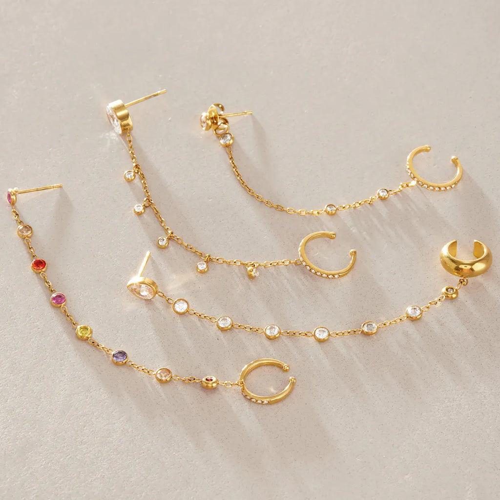 Waterproof Chain CZ Dangle Stud Ear Cuffs