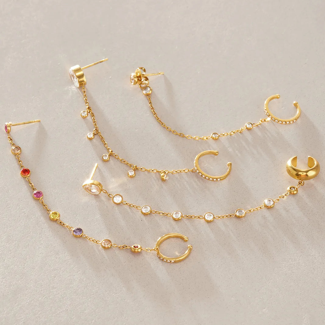 Waterproof Chain CZ Dangle Stud Ear Cuffs