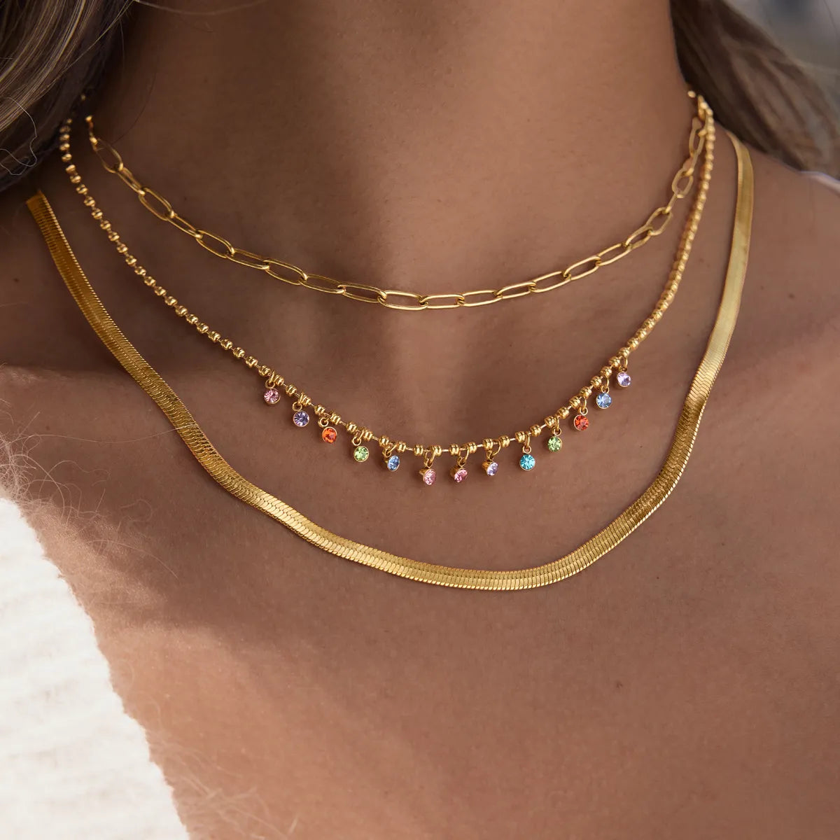 Waterproof CZ Station Necklace | Gold Beaded Choker