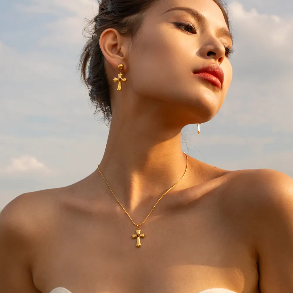 Waterproof Vintage Tiger's Eye Cross Necklace
