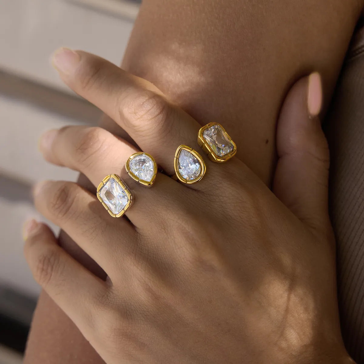 Waterproof Pear-Cut Zirconia Geometric Open Ring