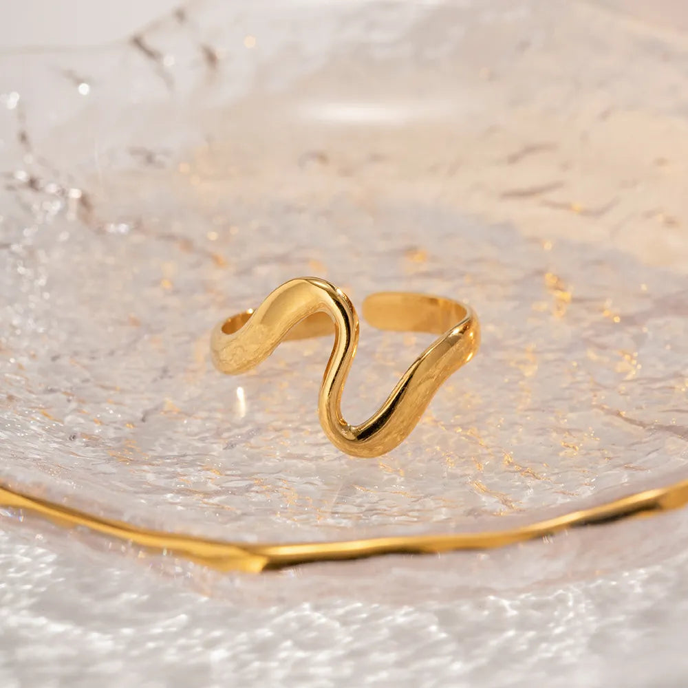 Waterproof Wavy Open Ring | Fluid Organic Gold Statement Ring