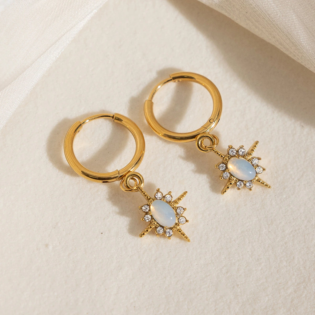 Opal Starburst Drop Huggie Earrings | Waterproof 18K Gold
