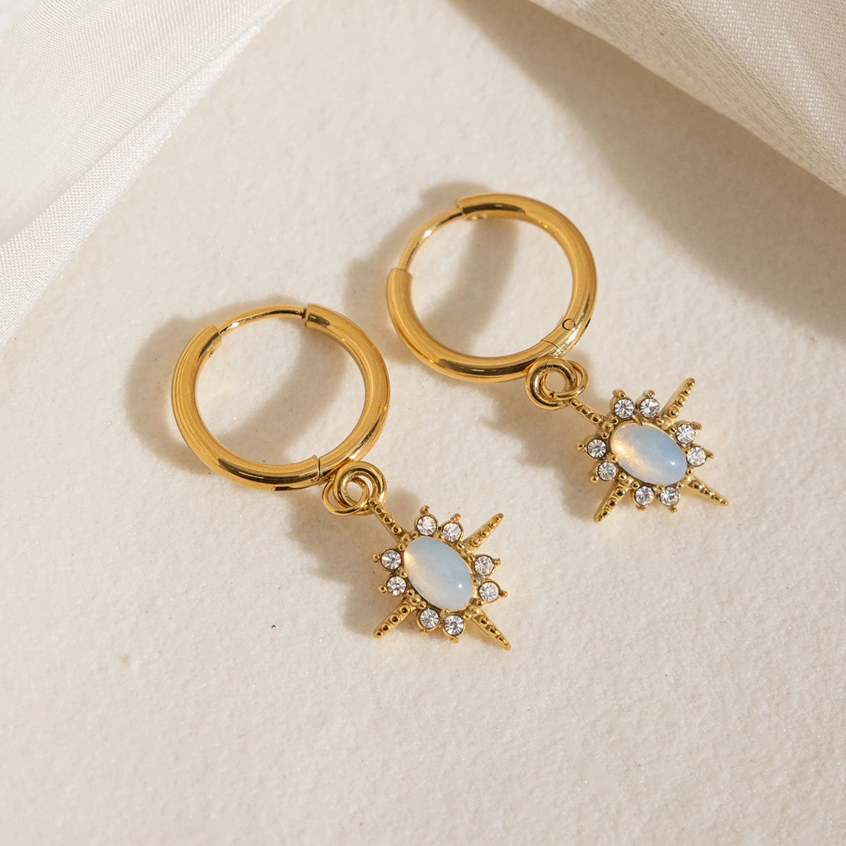 Opal Starburst Drop Huggie Earrings – Waterproof Steel