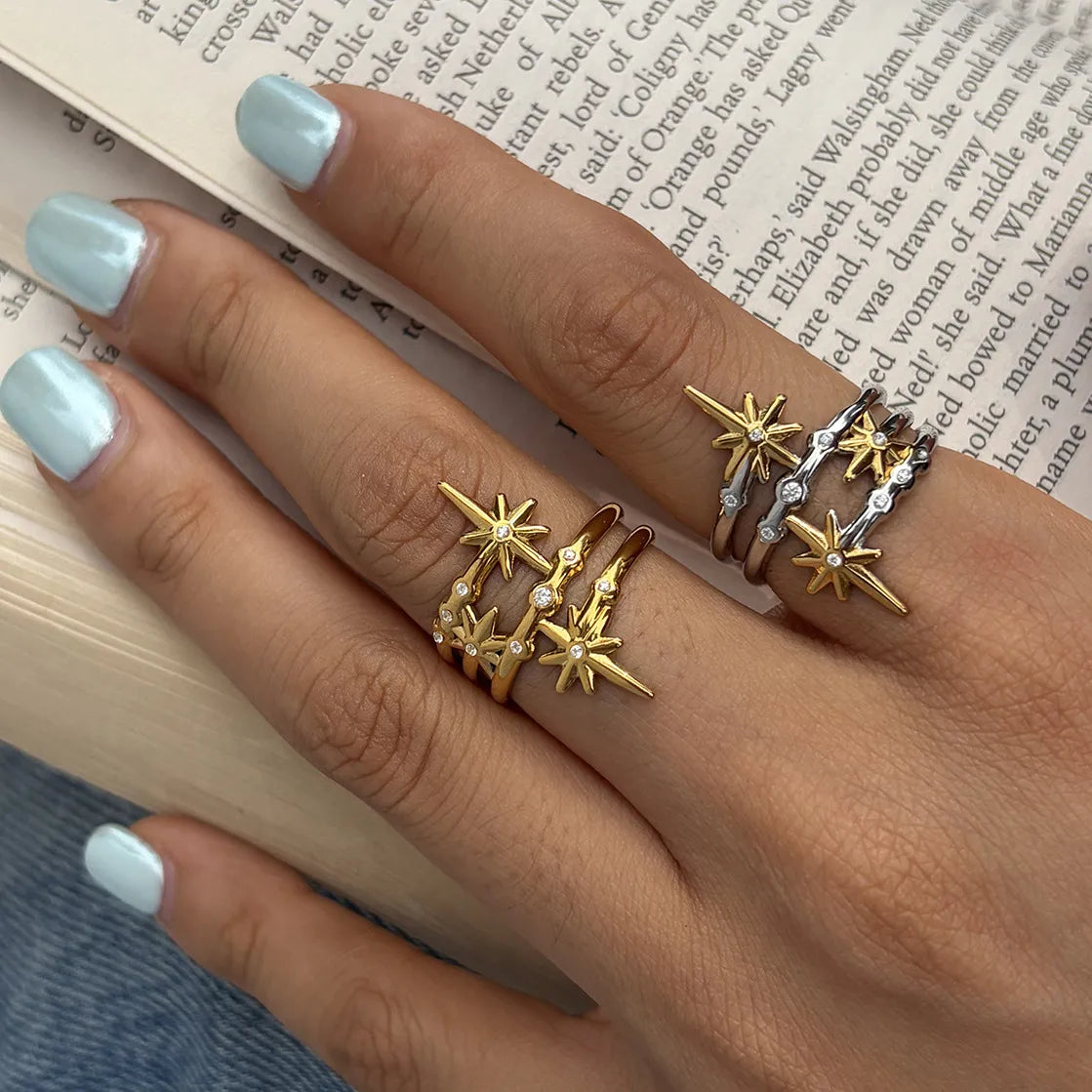 Celestial Starburst Zirconia Open Ring – Waterproof 18K Gold