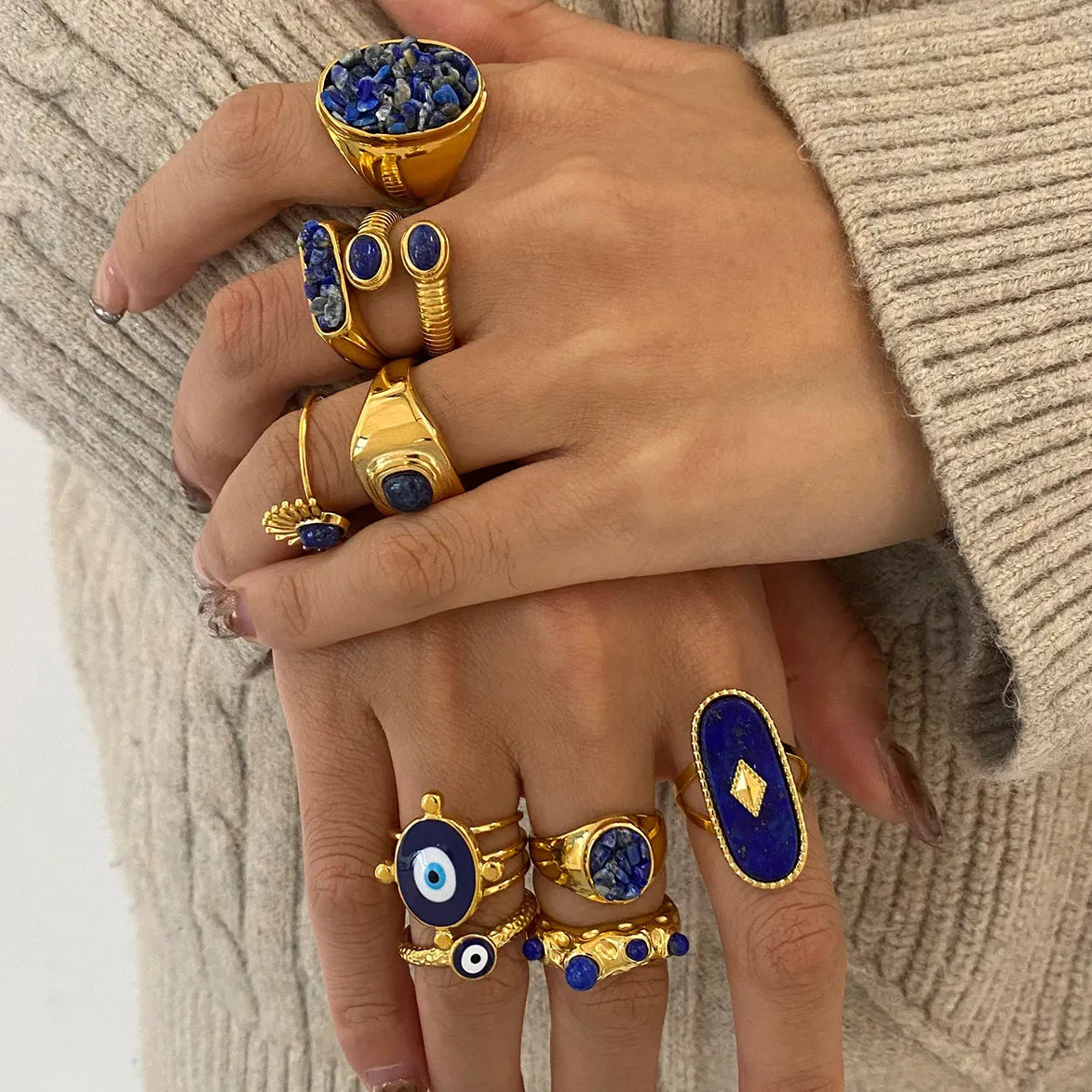 Lapis Lazuli Evil Eye Statement Ring – Waterproof 18K Gold