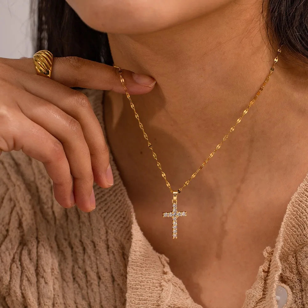 Waterproof Gold Baguette CZ Cross Necklace