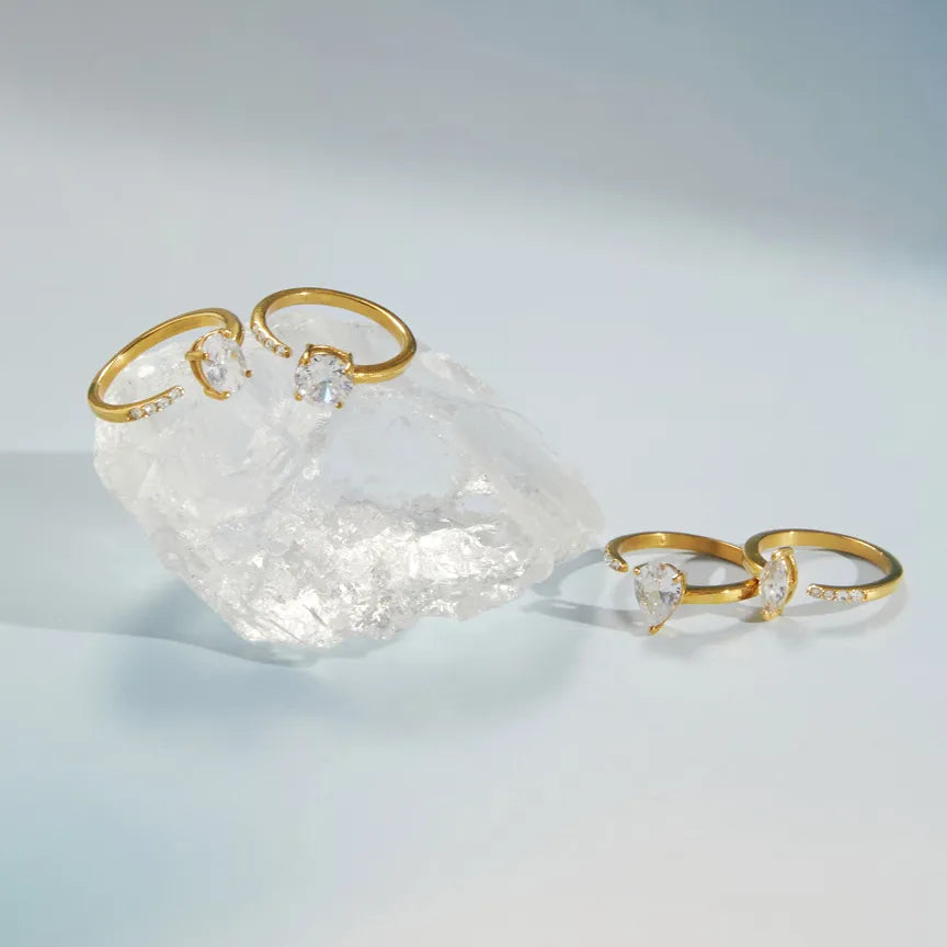 Waterproof Stainless Steel Bypass CZ Ring | Gold Asymmetrical Solitaire Open Band