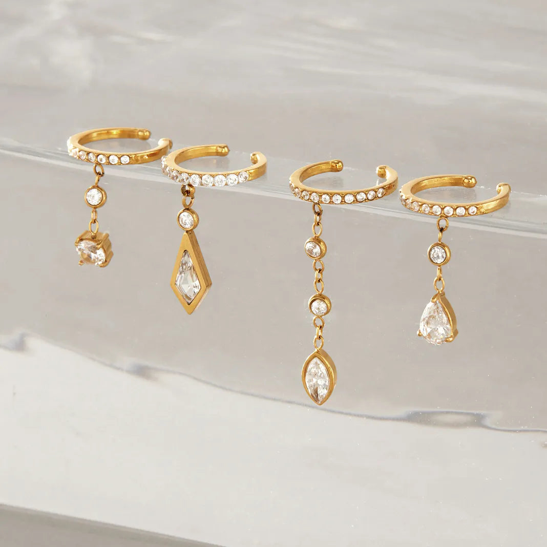 Waterproof Pavé CZ Dangling Drop Cartilage Ear Cuffs