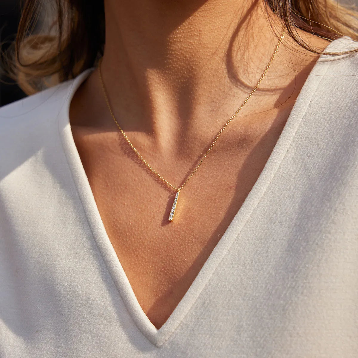 Pave Vertical Bar Necklace & Huggie Set – 18K Gold