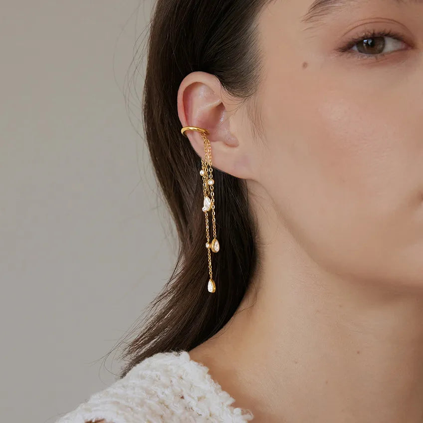 Multi-Chain CZ Dangle Ear Cuff (single)– Waterproof 18K Gold