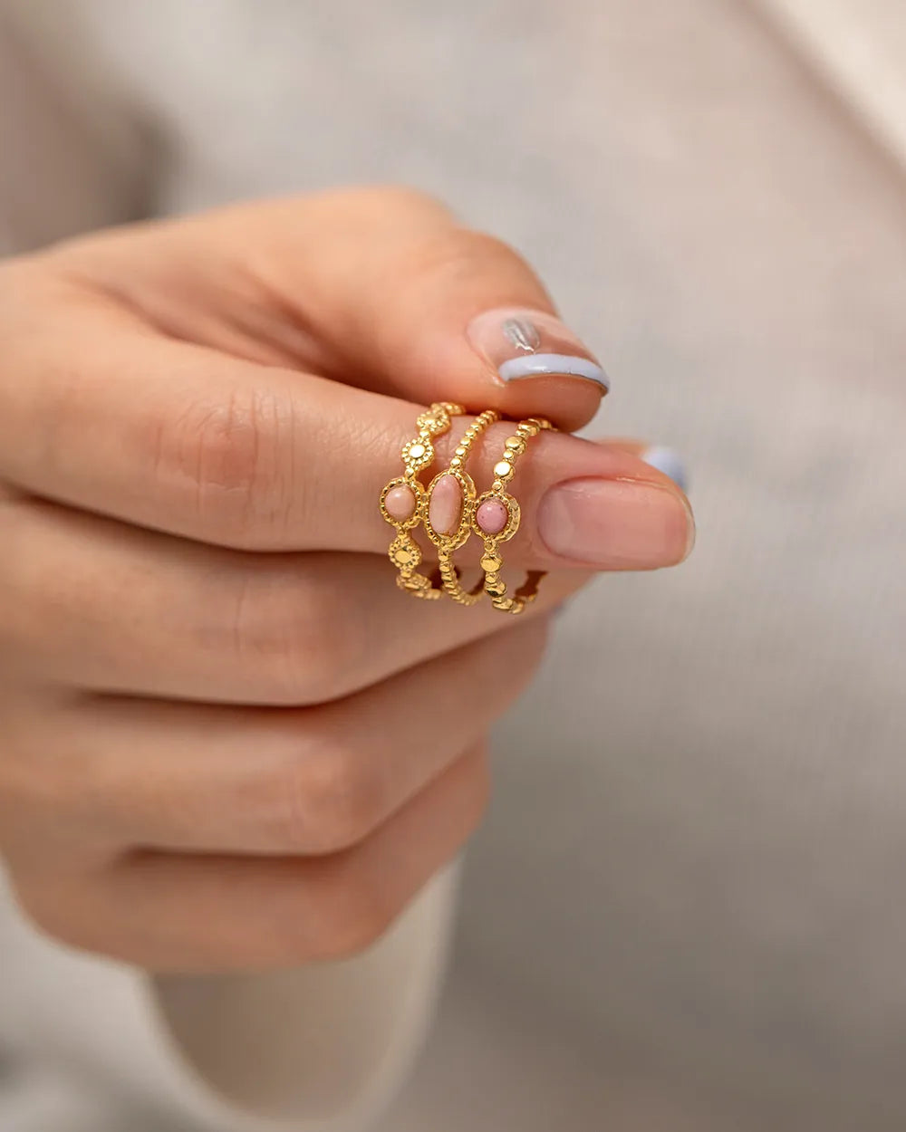 Triple Layer Pink Rhodochrosite Ring – Waterproof 18K Gold