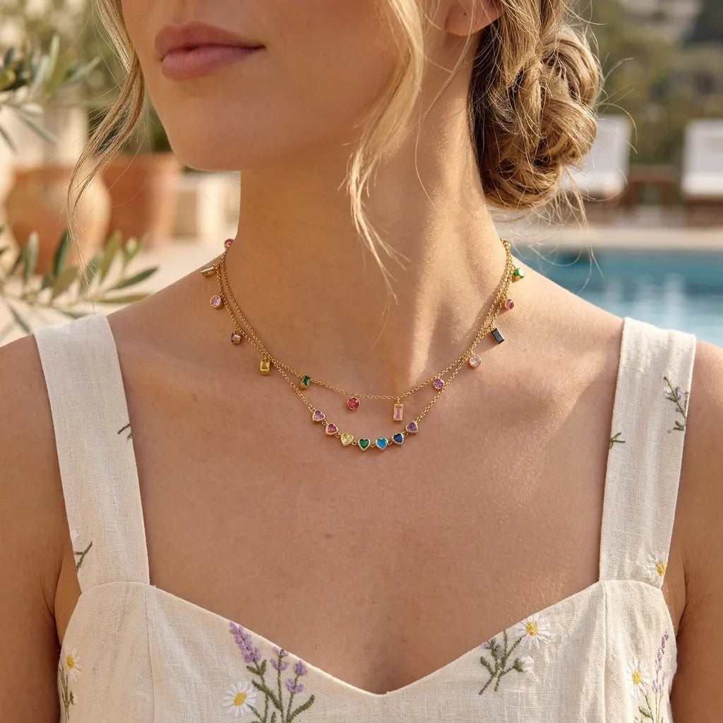 Rainbow Heart Zirconia Charm Necklace | Waterproof 18K Gold