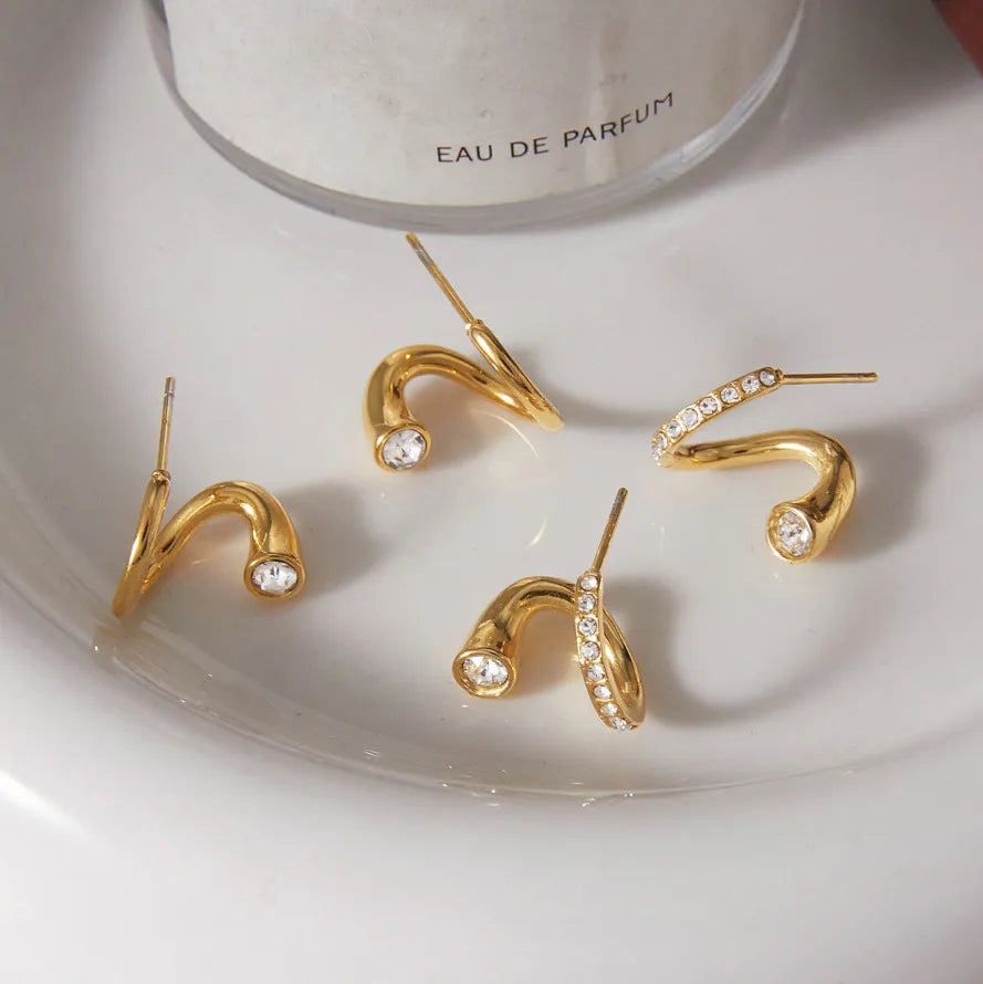 Waterproof Wave CZ S-Shape Stud Earrings