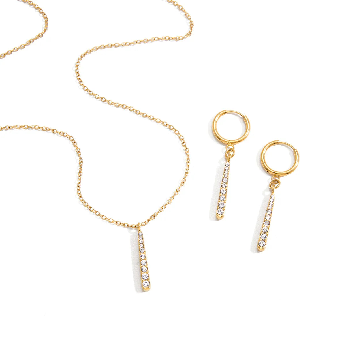 Pave Vertical Bar Necklace & Huggie Set – 18K Gold