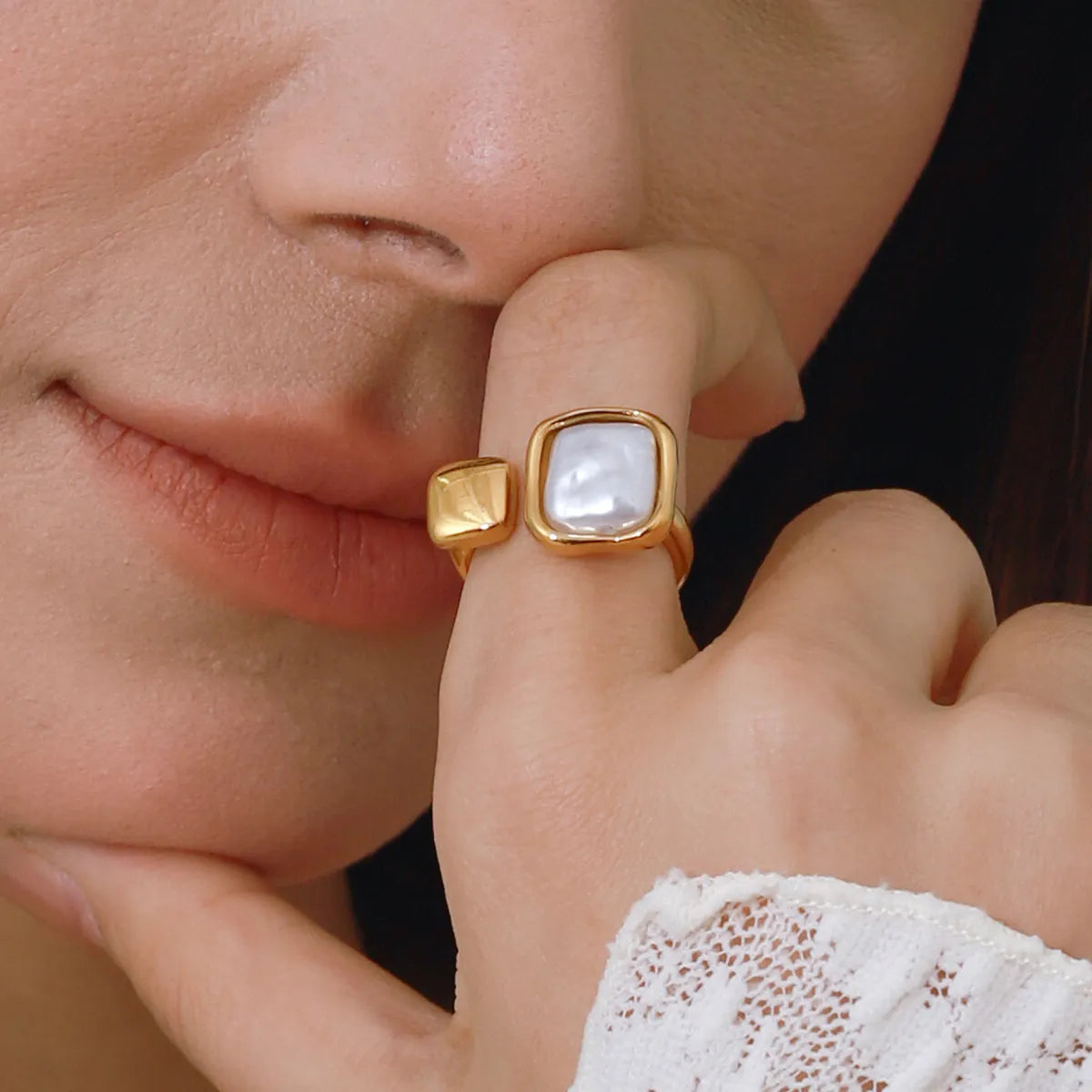 Waterproof Geometric Open Band Square Pearl Ring