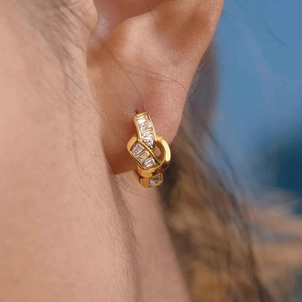 Waterproof Twist Knot Baguette CZ Huggie Hoops