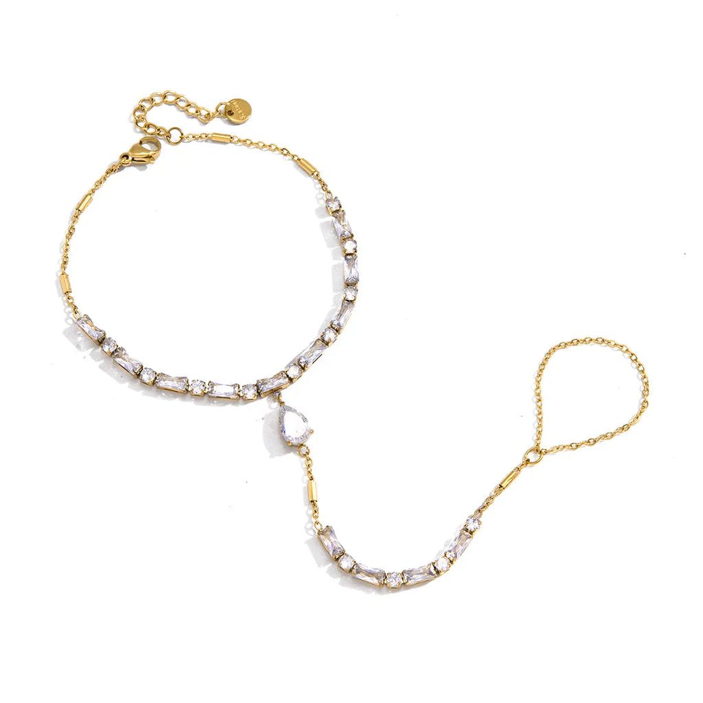 Waterproof CZ Hand Chain Bracelet Ring