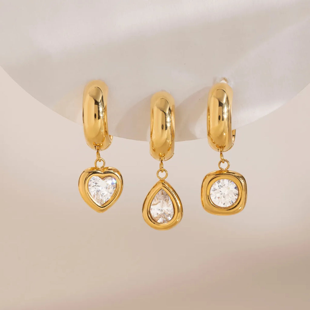 CZ Drop Huggie Earrings – Heart, Pear & Cushion | Waterproof 18K Gold
