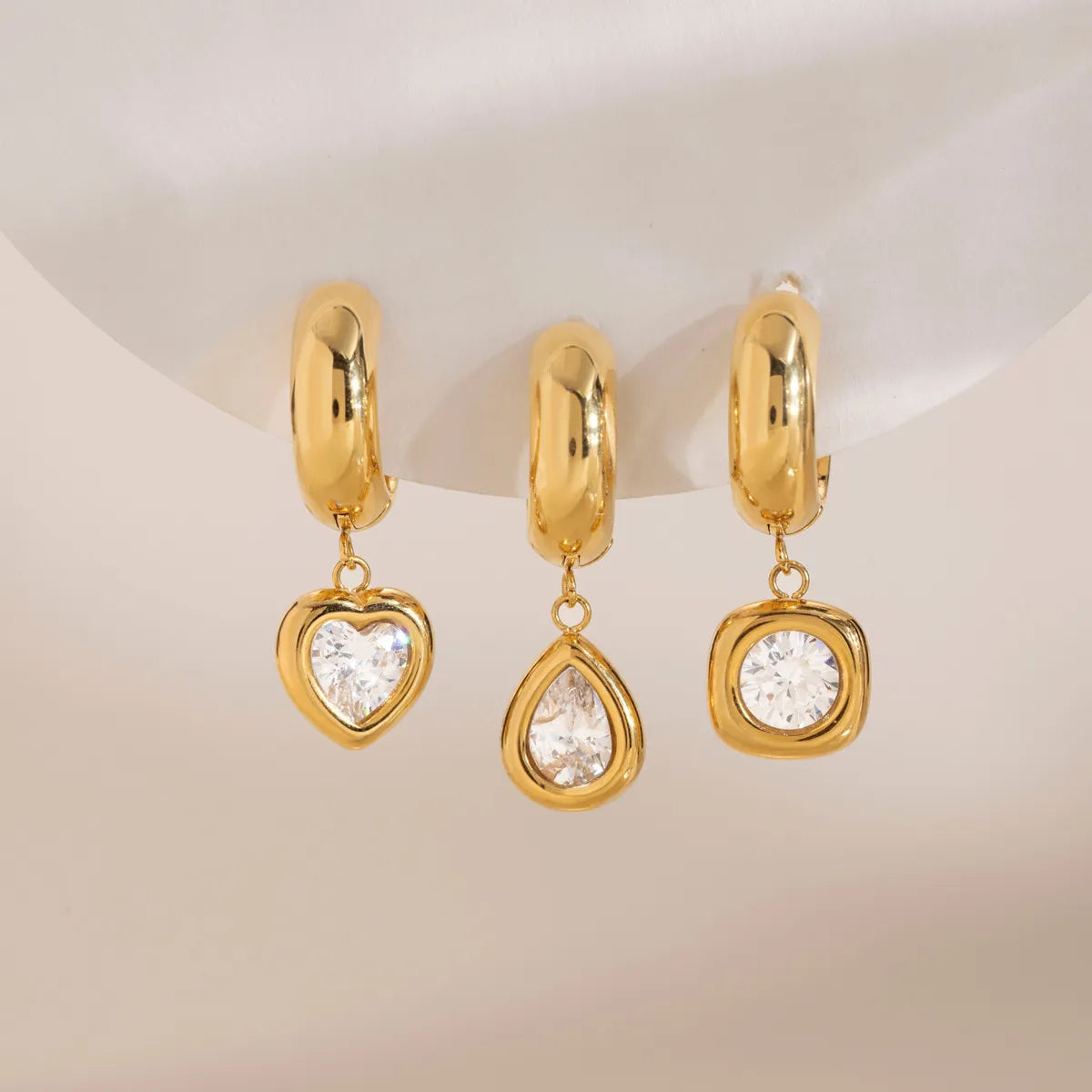 CZ Drop Huggie Earrings – Heart, Pear & Cushion | Waterproof 18K Gold