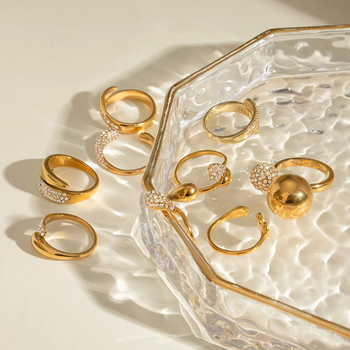 Pavé CZ Sculptural Open Ring Collection – Waterproof 18K Gold