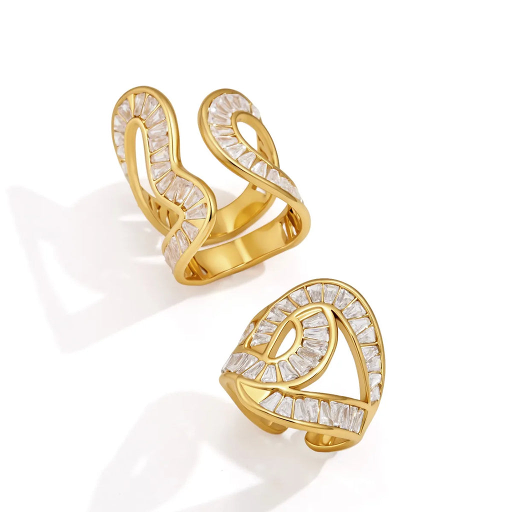 Waterproof Stainless Steel Baguette CZ Statement Rings | Gold Wavy Abstract Open Bands